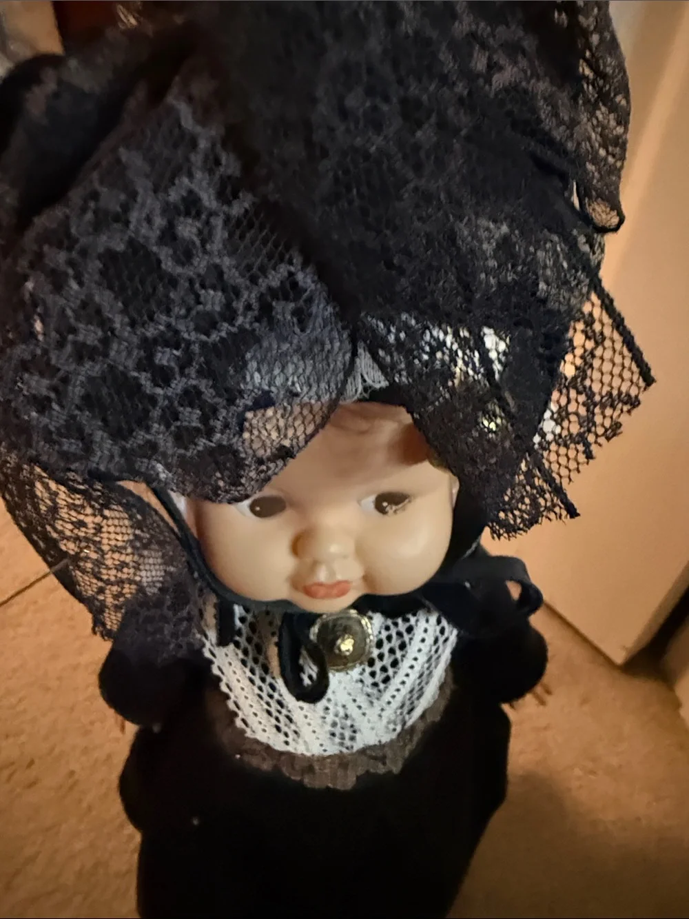 Classic Black Cloth Doll with Lace Accents -portuguese